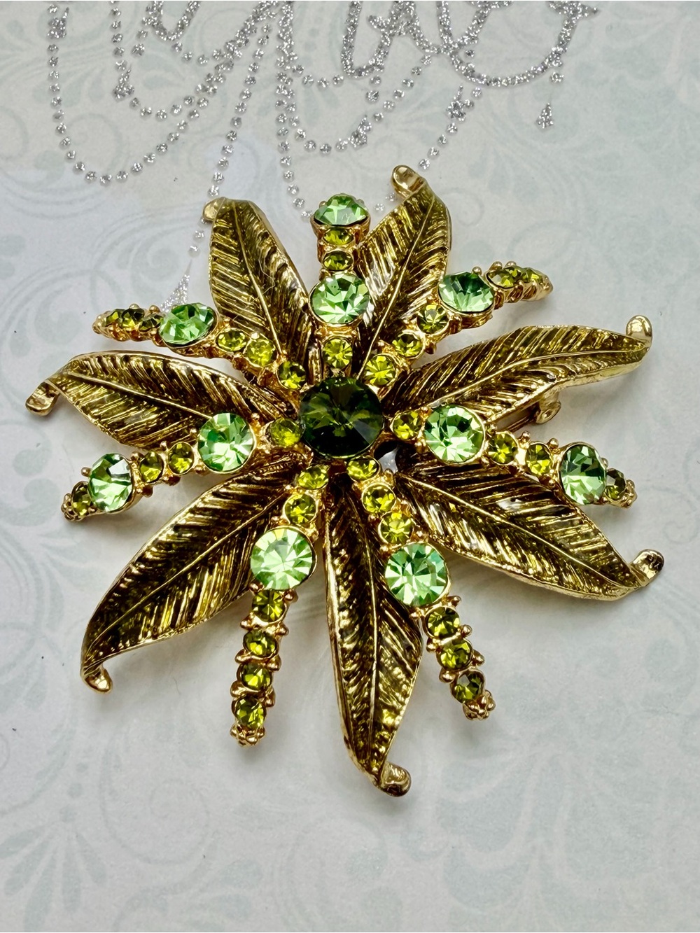 Vintage Leafburst Brooch with Light Green Crystals #cz706